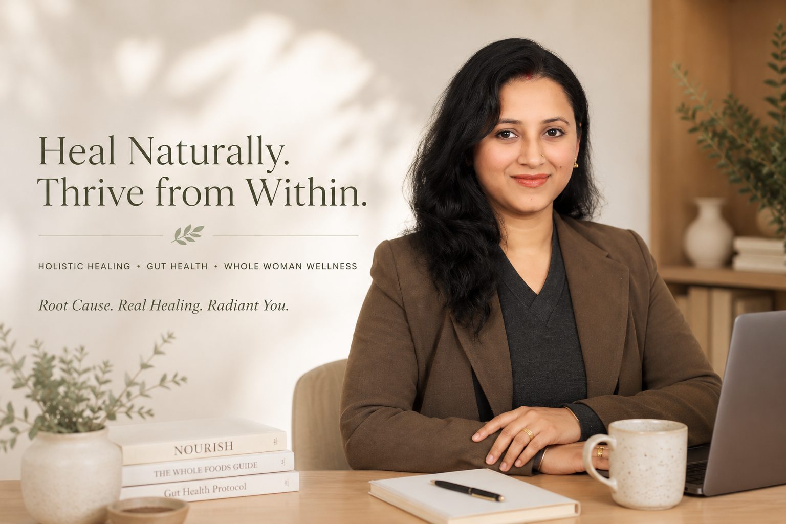 Shambhavi at her desk — Heal Naturally. Thrive from Within.