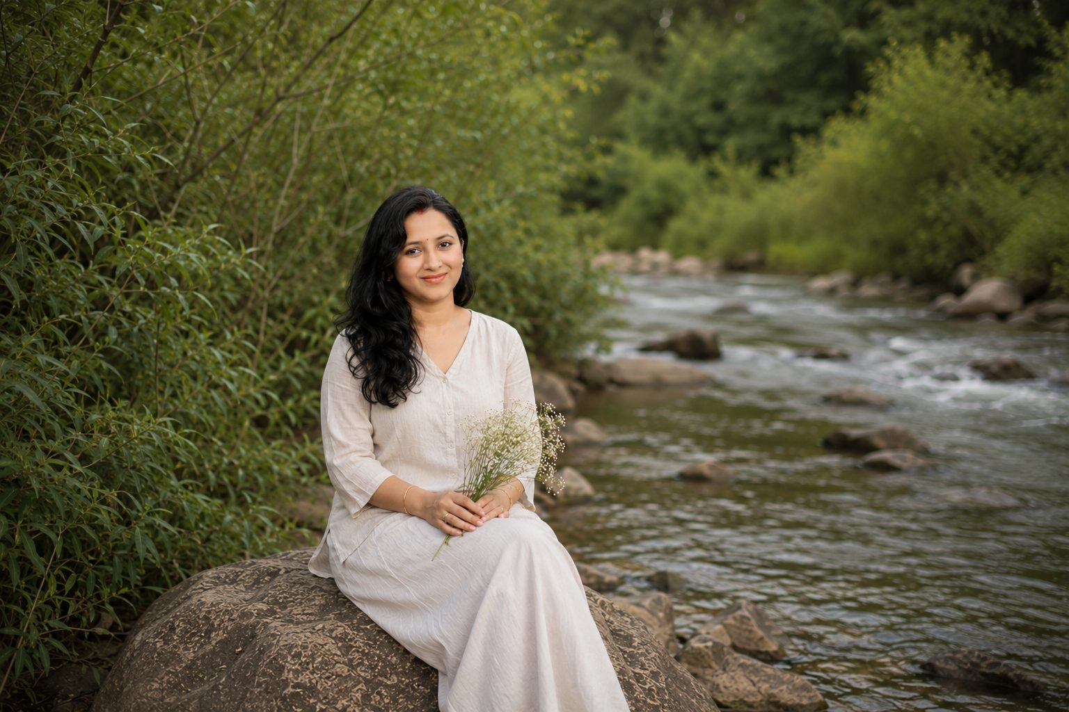 Shambhavi sitting peacefully by a river, holding wildflowers